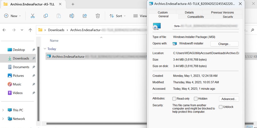 Exemple d'un arxiu maliciós que s'instal·la a través d'eines de 'phishing'