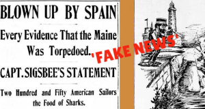 Titular del diari The Evening Times, de Washington, sobre l'enfonsament del vaixell Maine a La Havana el febrer de 1898 / Font de la imatge original, Wikimedia Commons.
