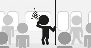 Il·lustració que representa un passatger indisposat a l'interior d'un vehicle de transport públic