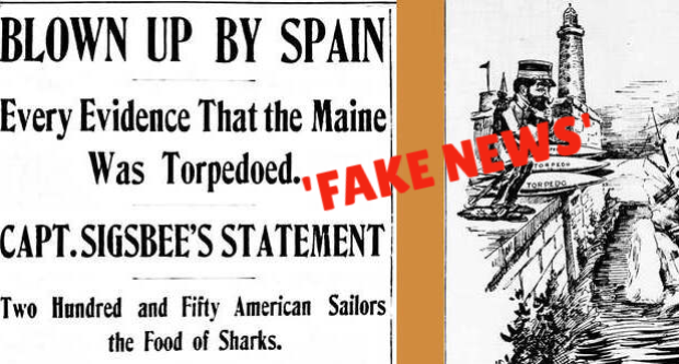 Titular del diari The Evening Times, de Washington, sobre l'enfonsament del vaixell Maine a La Havana el febrer de 1898 / Font de la imatge original, Wikimedia Commons.