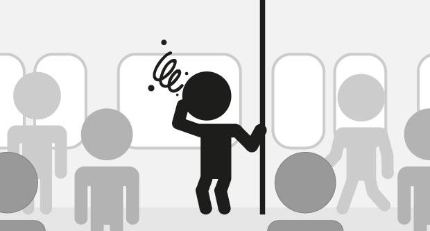 Il·lustració que representa un passatger indisposat a l'interior d'un vehicle de transport públic Il·lustració que representa un passatger indisposat a l'interior d'un vehicle de transport públic