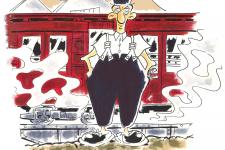 Caricatura d'en Jaimito davant d'un tren de la sèrie 300 / Pere del Río
